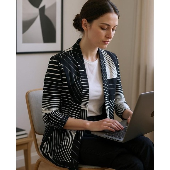 Susan Graver Liquid Knit Open Cardigan Top Women's  Sz Large Black White Stretch - Picture 3 of 16